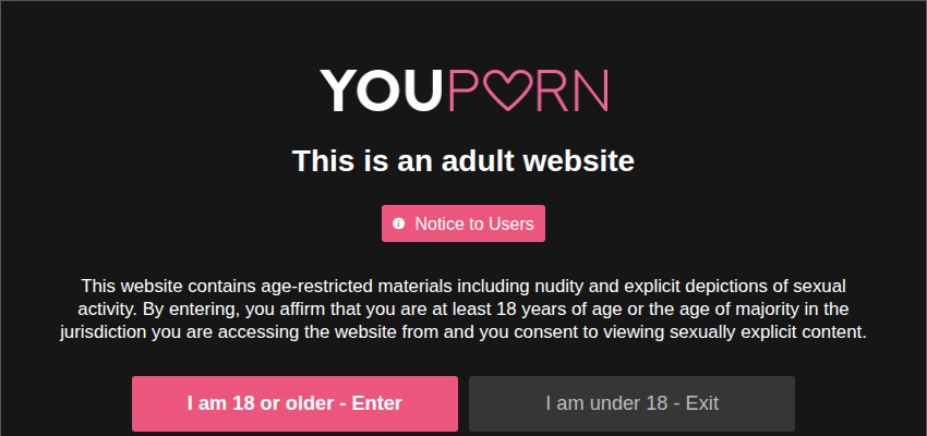 Το παράθυρο ελέγχου ηλικίας του YouPorn με το μήνυμα This is an adult website και τα δύο κουμπιά εισόδου και εξόδου
