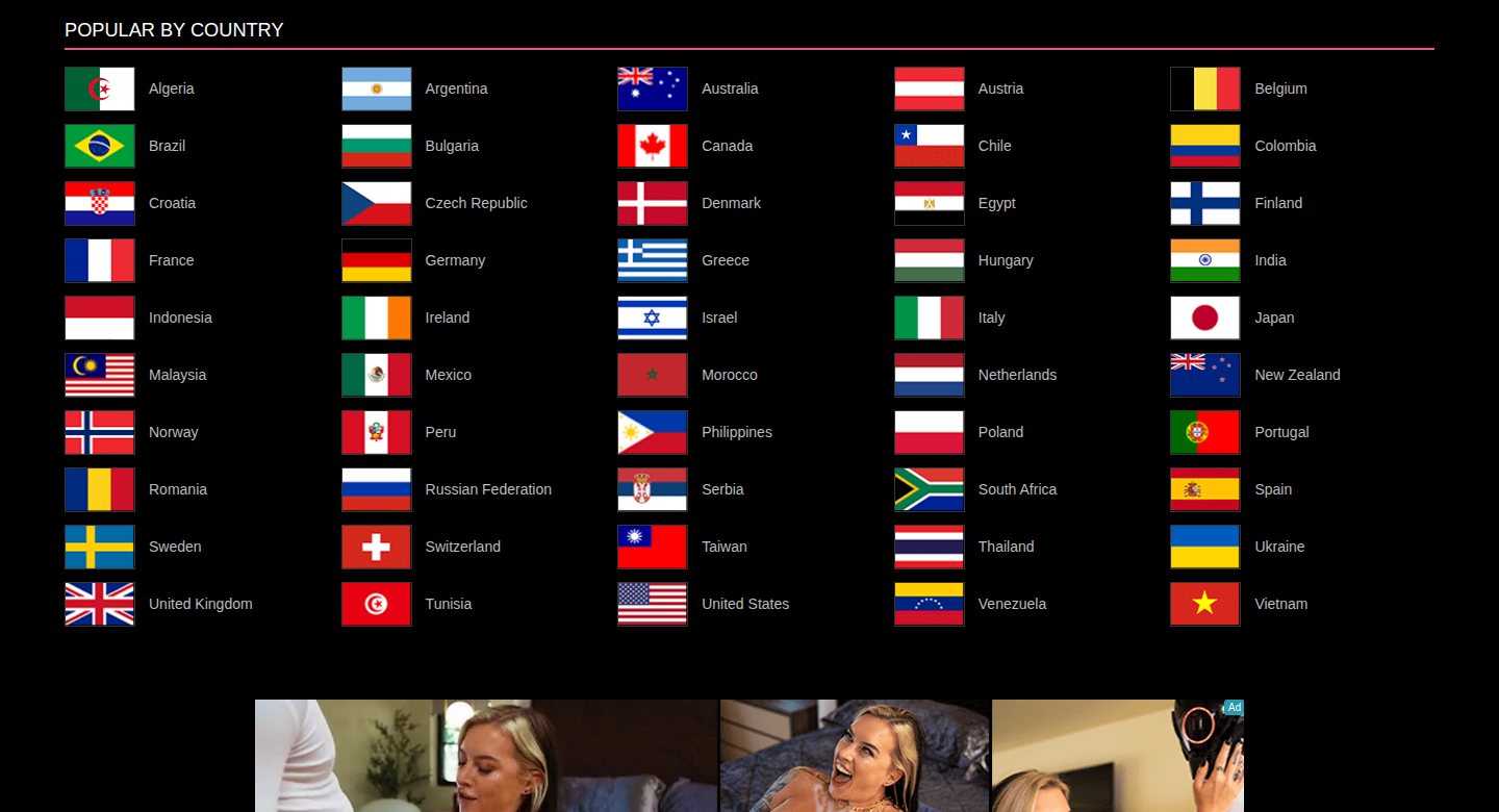 Η ενότητα POPULAR BY COUNTRY με πενήντα σημαίες και τη λέξη Greece ανάμεσά τους